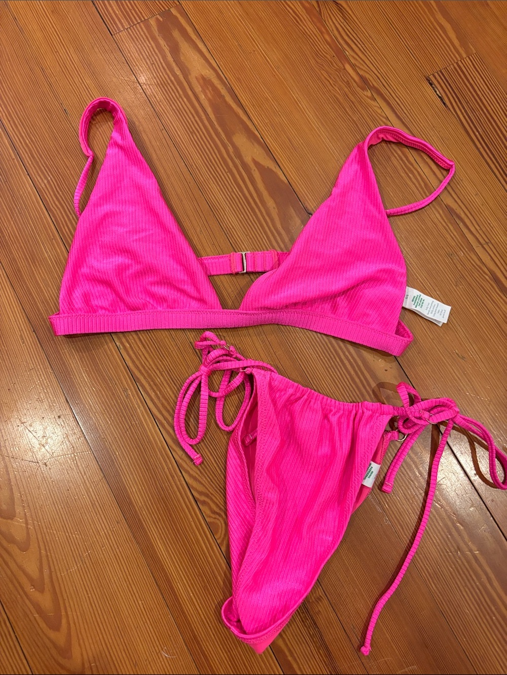 aerie Hot Pink Ribbed Triangle Bikini Set